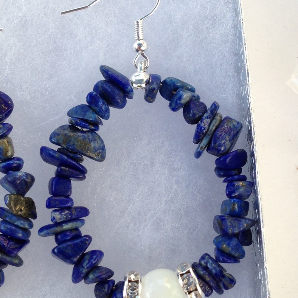 Blue Lapis Lazuli White Howlite Hoop Earrings - Picture 2 of 6